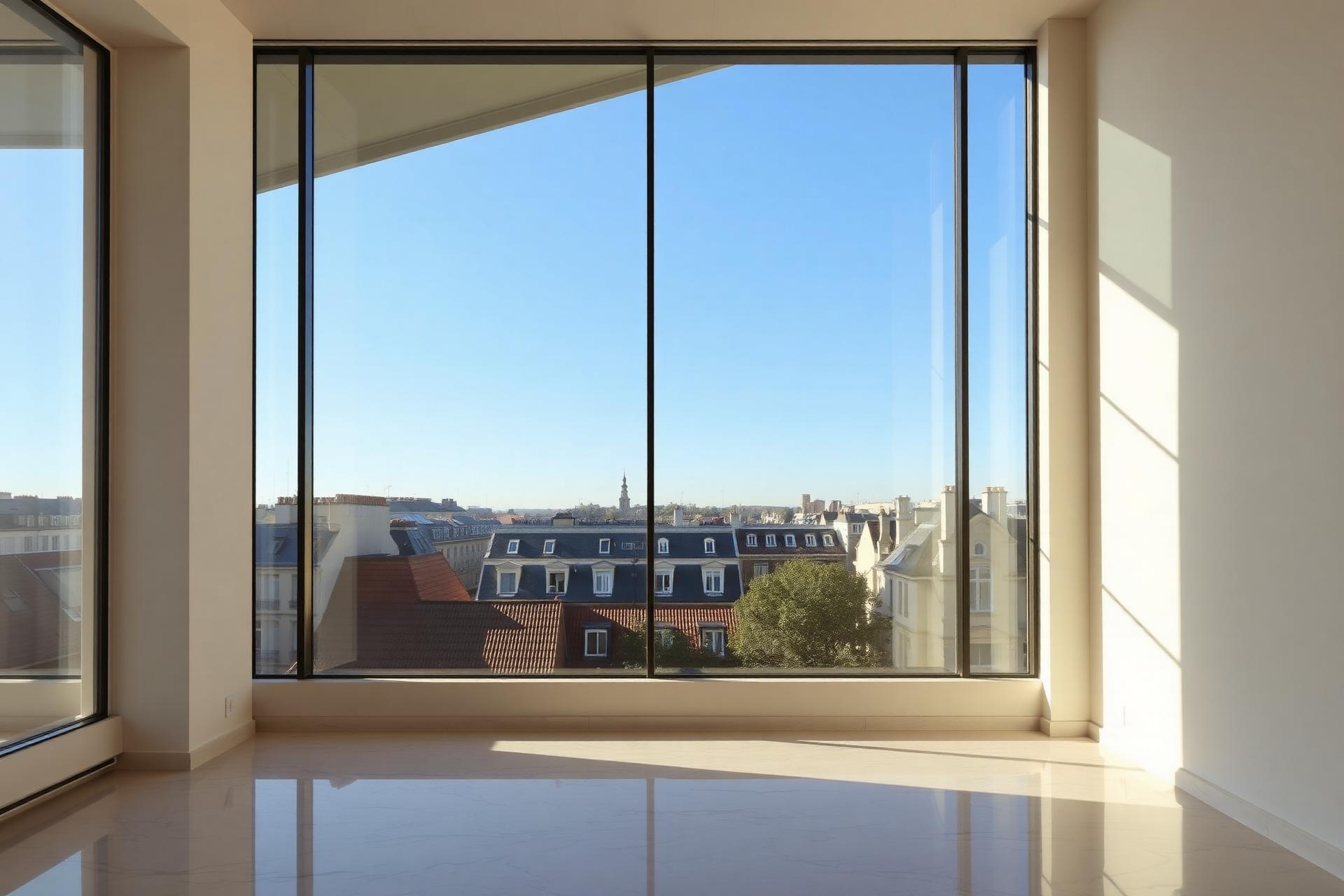 Intérieur lumineux avec vue sur les toits de Paris
